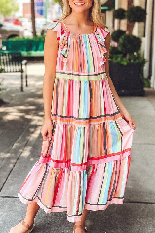 Pink Striped Ruffle Sleeve A-Line Maxi Dress