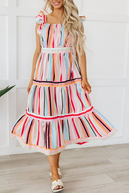 Pink Striped Ruffle Sleeve A-Line Maxi Dress