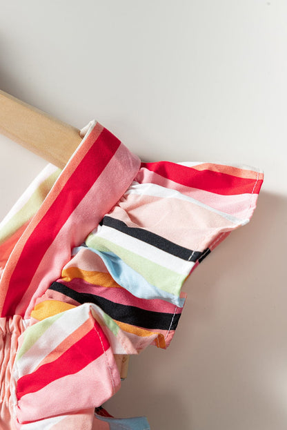 Pink Striped Ruffle Sleeve A-Line Maxi Dress