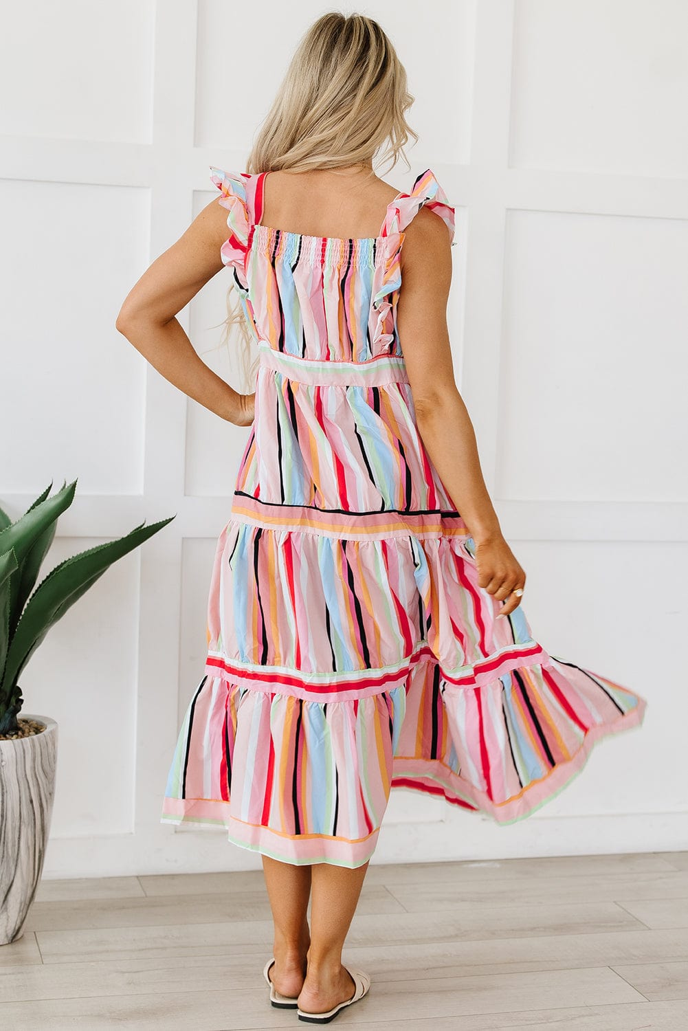 Pink Striped Ruffle Sleeve A-Line Maxi Dress