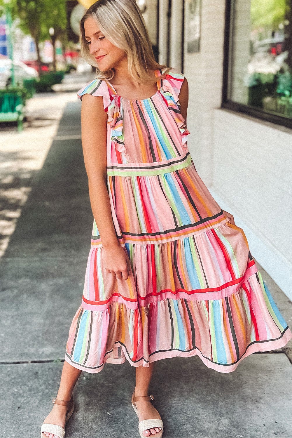 Pink Striped Ruffle Sleeve A-Line Maxi Dress