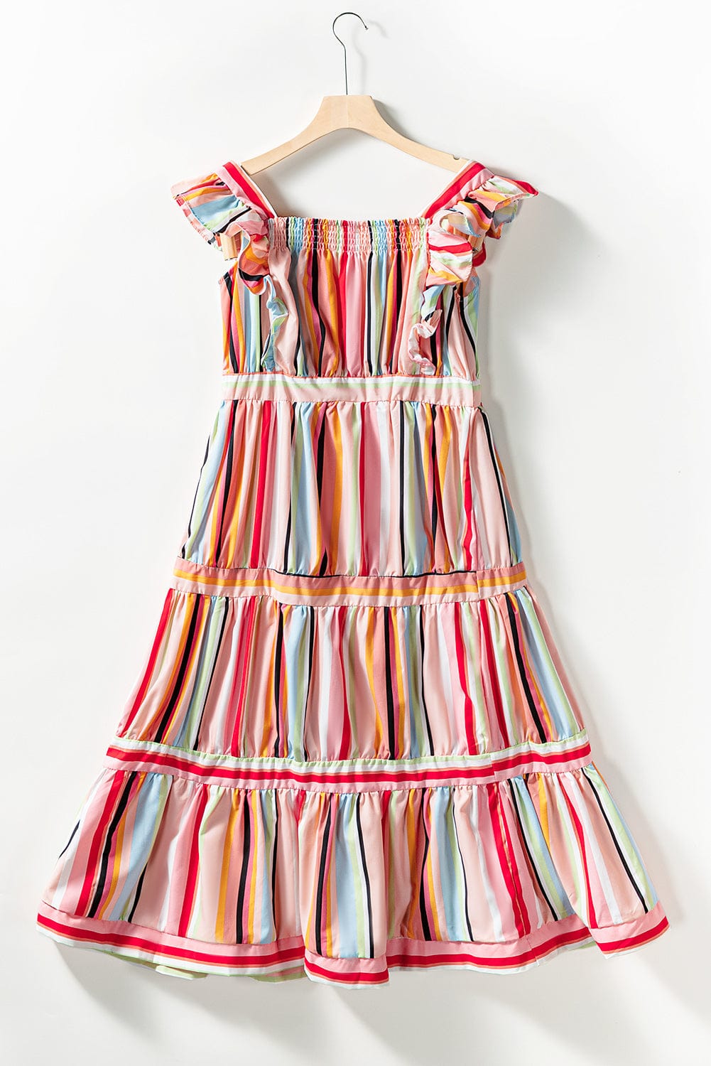 Pink Striped Ruffle Sleeve A-Line Maxi Dress