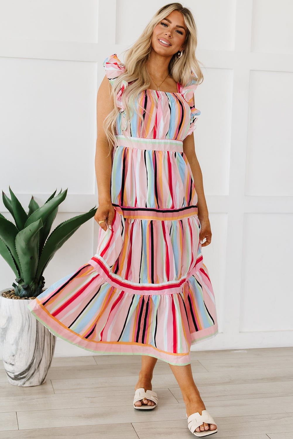 Pink Striped Ruffle Sleeve A-Line Maxi Dress