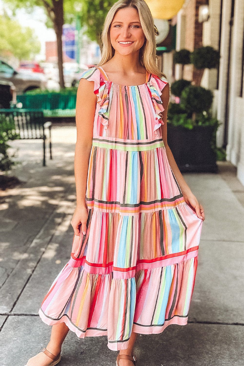 Pink Striped Ruffle Sleeve A-Line Maxi Dress