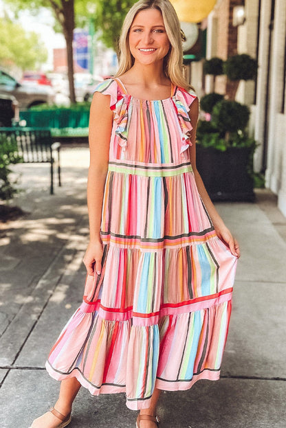 Pink Striped Ruffle Sleeve A-Line Maxi Dress