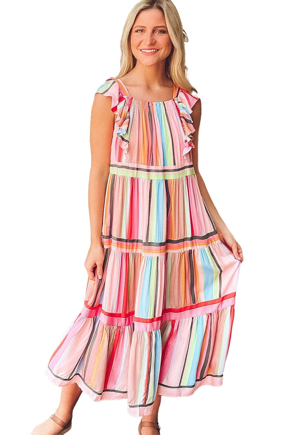Pink Striped Ruffle Sleeve A-Line Maxi Dress
