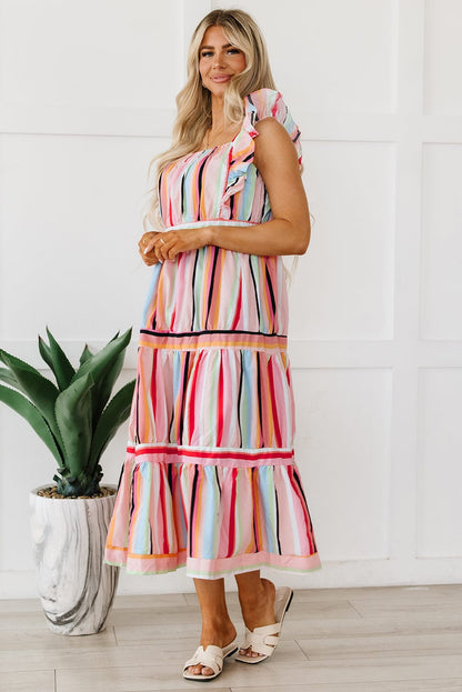 Pink Striped Ruffle Sleeve A-Line Maxi Dress