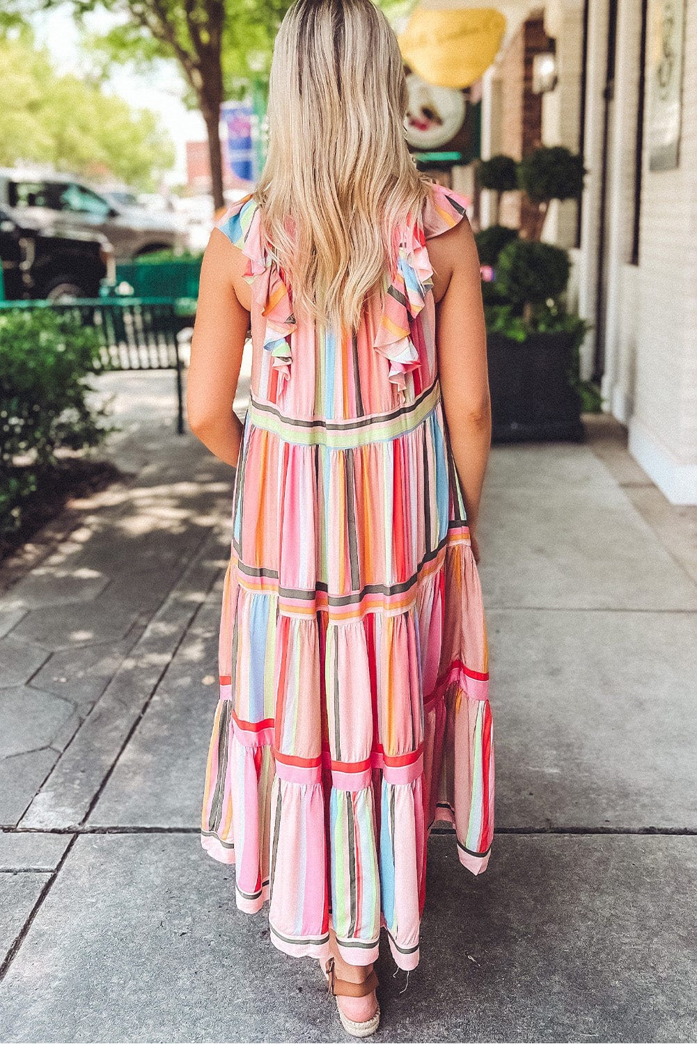 Pink Striped Ruffle Sleeve A-Line Maxi Dress