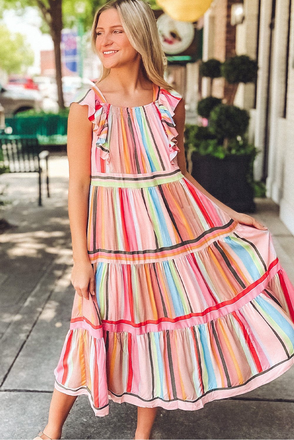 Pink Striped Ruffle Sleeve A-Line Maxi Dress