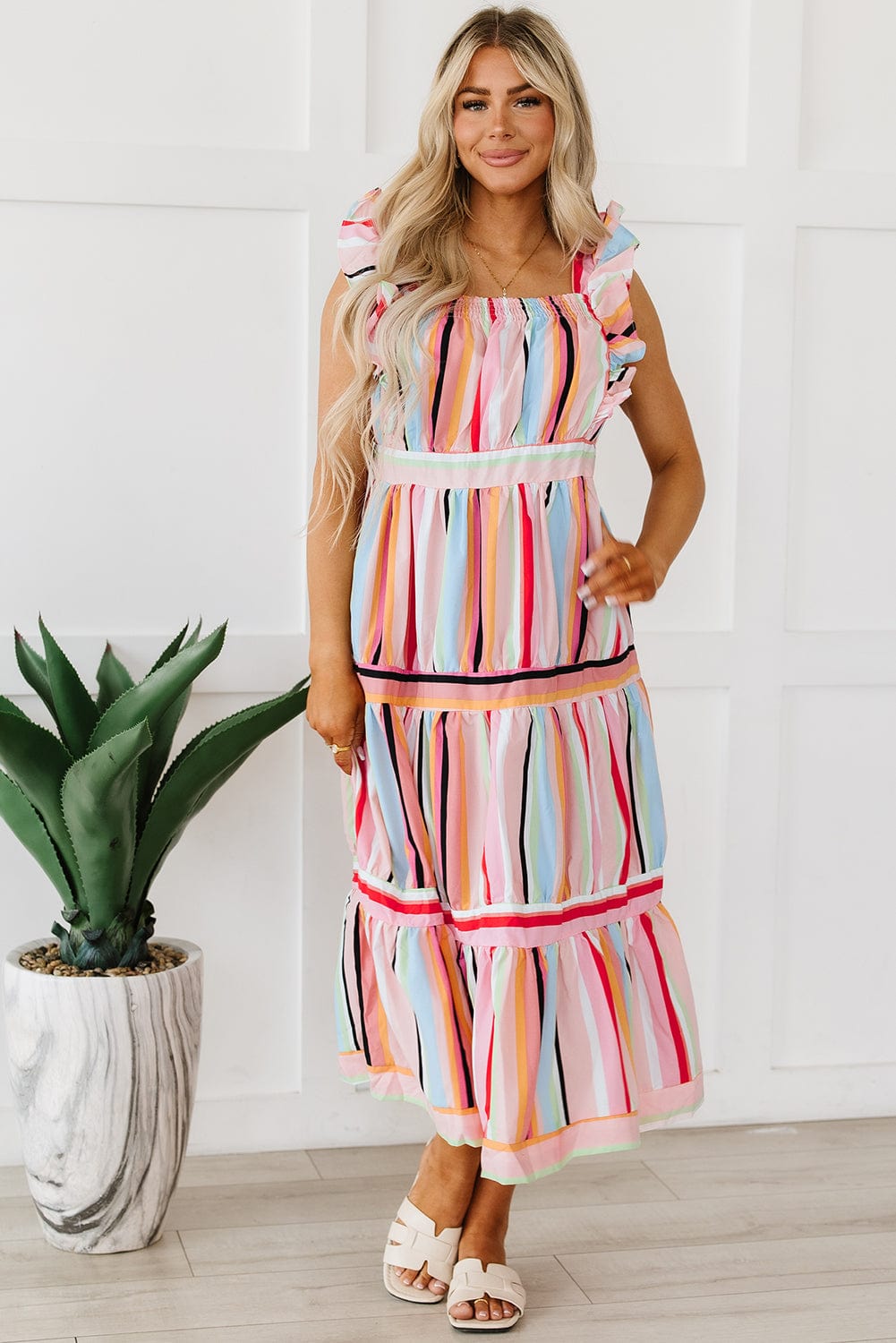 Pink Striped Ruffle Sleeve A-Line Maxi Dress