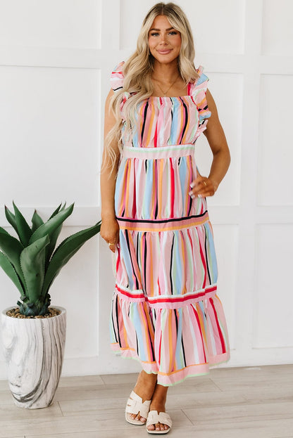 Pink Striped Ruffle Sleeve A-Line Maxi Dress