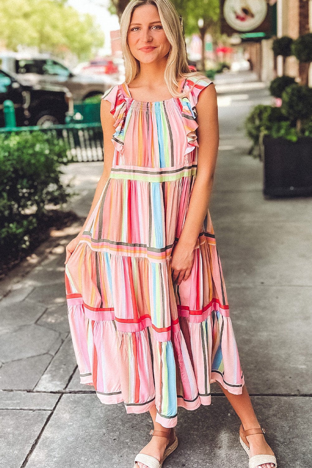 Pink Striped Ruffle Sleeve A-Line Maxi Dress