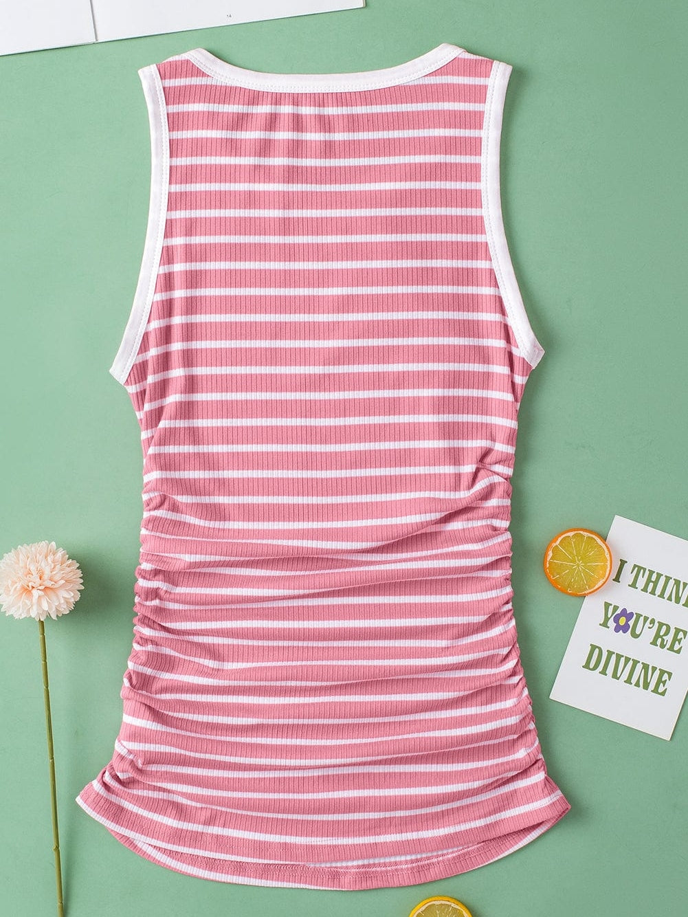 Pink Striped Sleeveless Round Neck Top with Colorblock Detail
