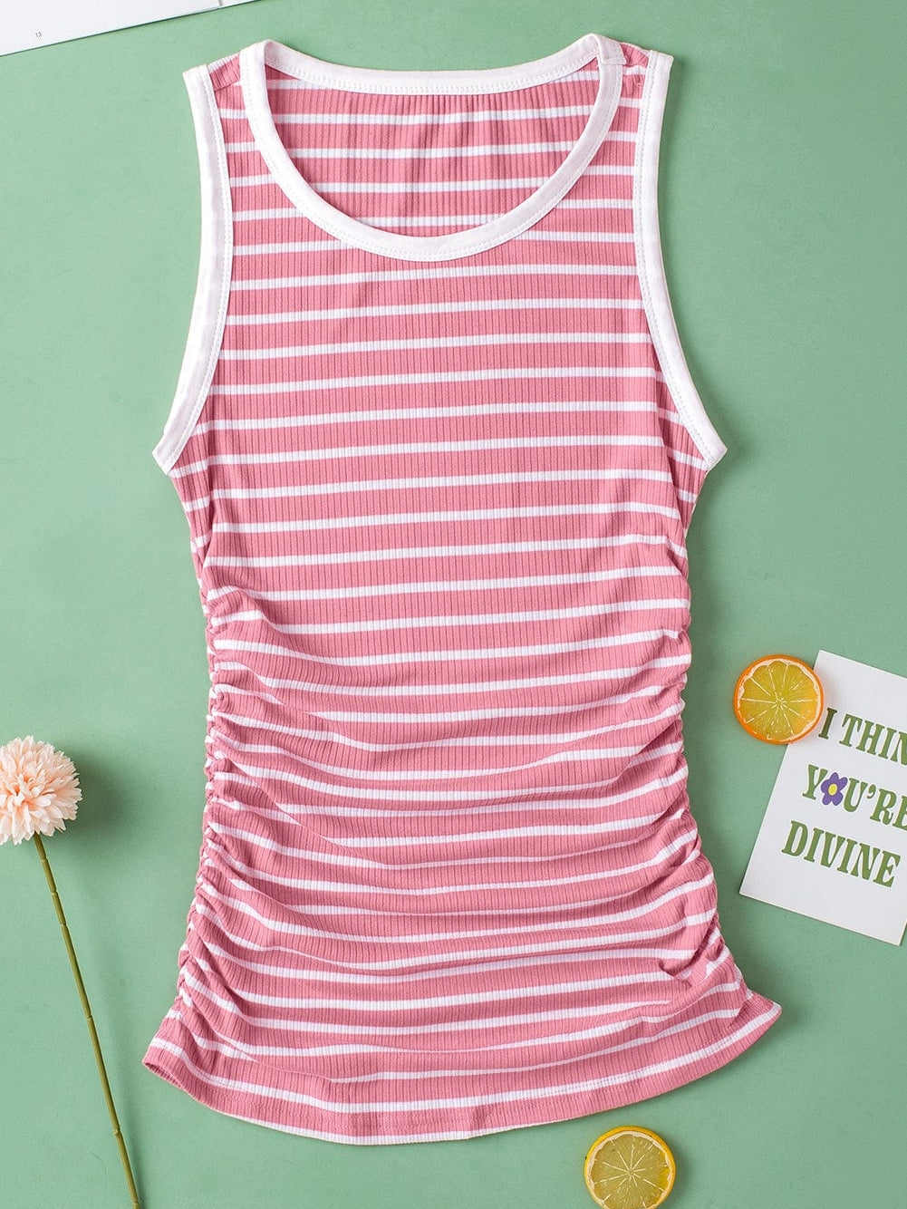 Pink Striped Sleeveless Round Neck Top with Colorblock Detail