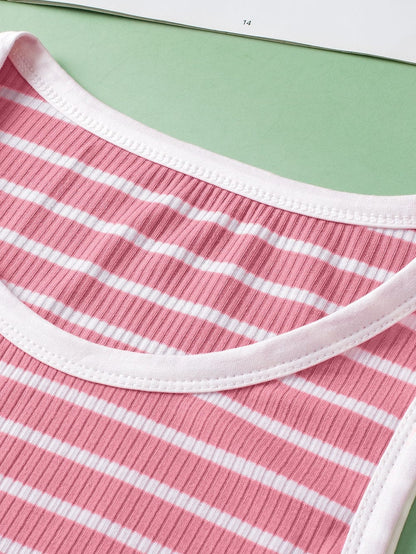 Pink Striped Sleeveless Round Neck Top with Colorblock Detail