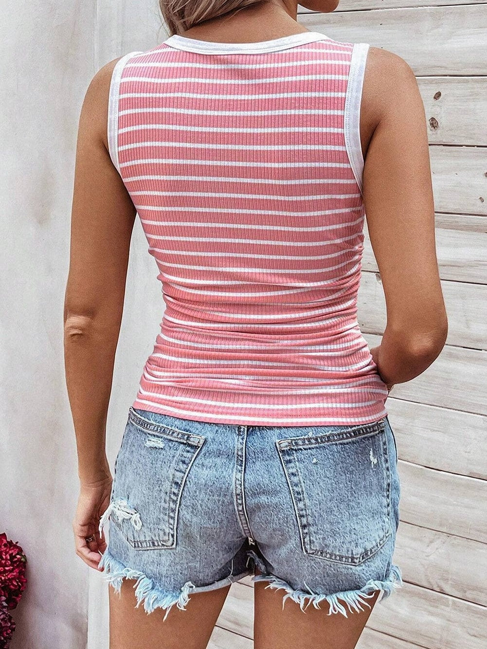 Pink Striped Sleeveless Round Neck Top with Colorblock Detail