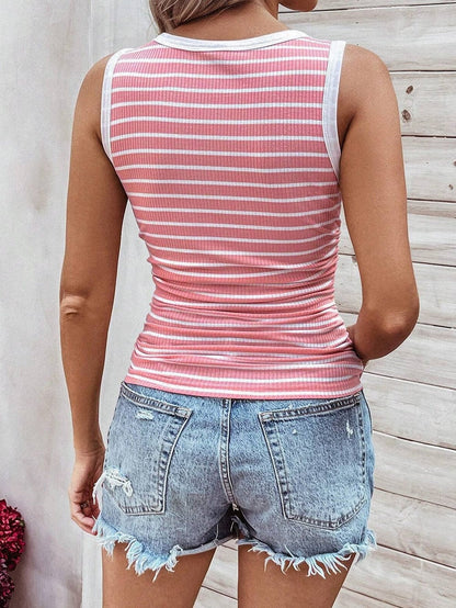 Pink Striped Sleeveless Round Neck Top with Colorblock Detail
