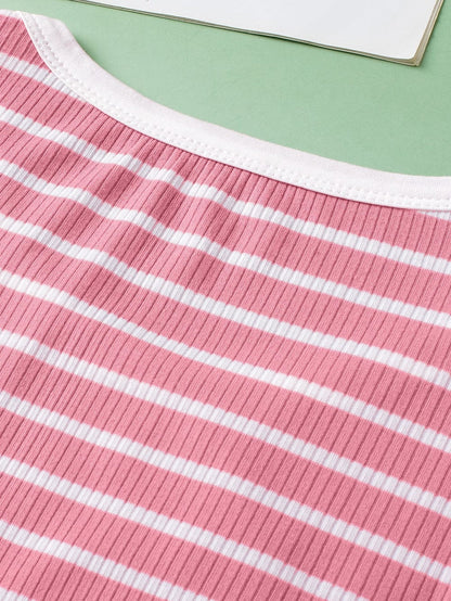 Pink Striped Sleeveless Round Neck Top with Colorblock Detail