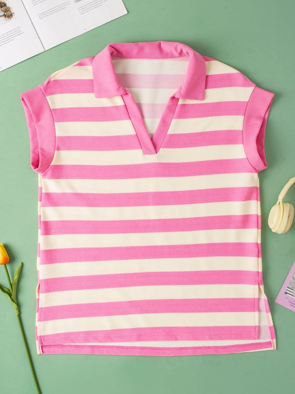 Pink Striped V Neck Collared Cap Sleeve Blouse