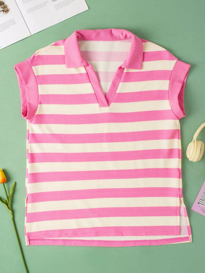 Pink Striped V Neck Collared Cap Sleeve Blouse