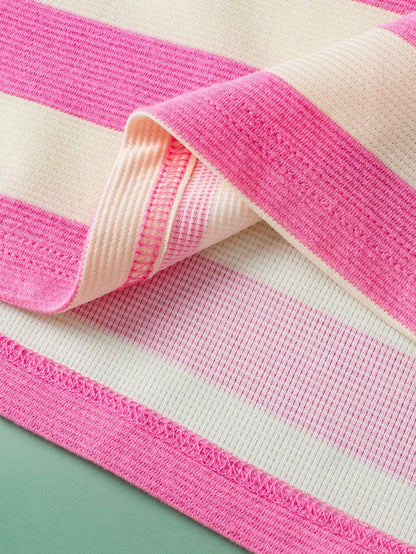 Pink Striped V Neck Collared Cap Sleeve Blouse