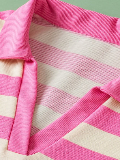 Pink Striped V Neck Collared Cap Sleeve Blouse