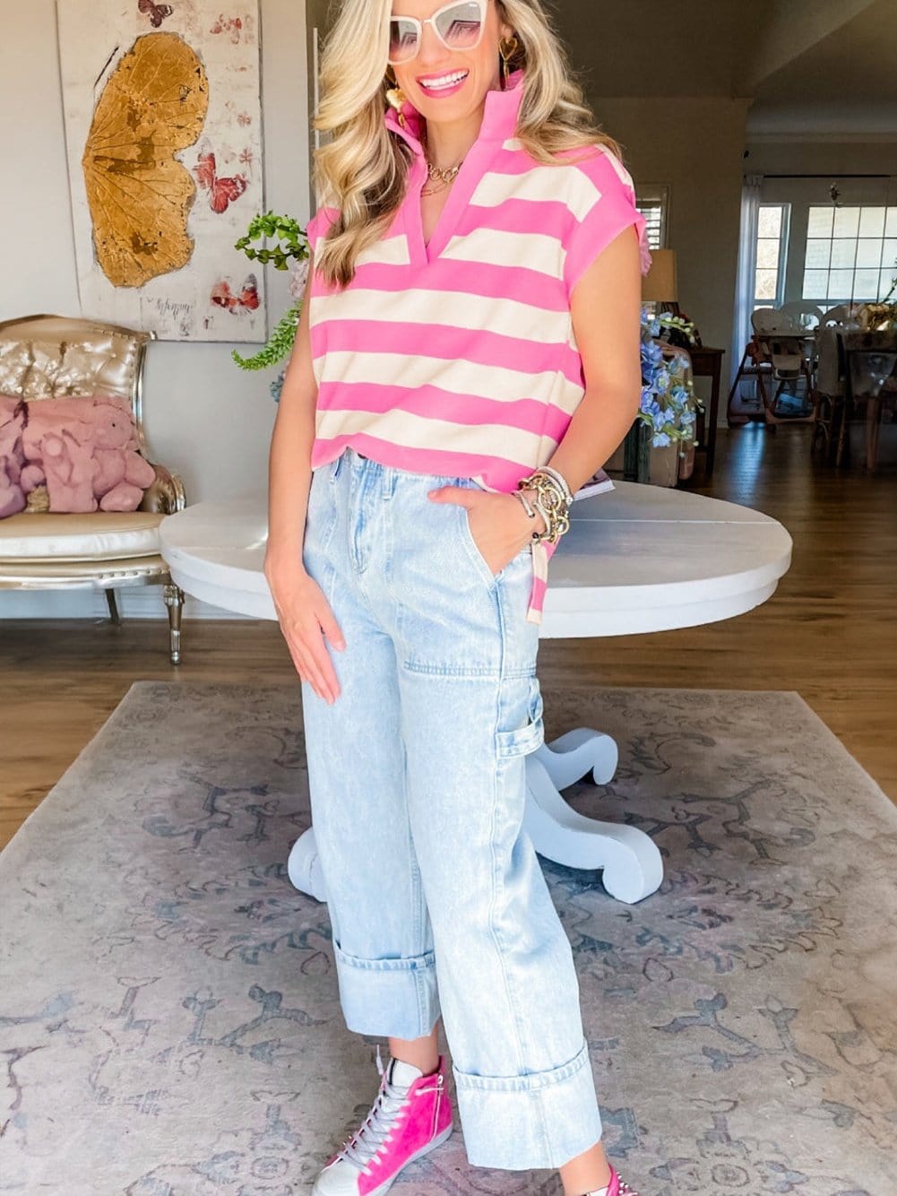 Pink Striped V Neck Collared Cap Sleeve Blouse