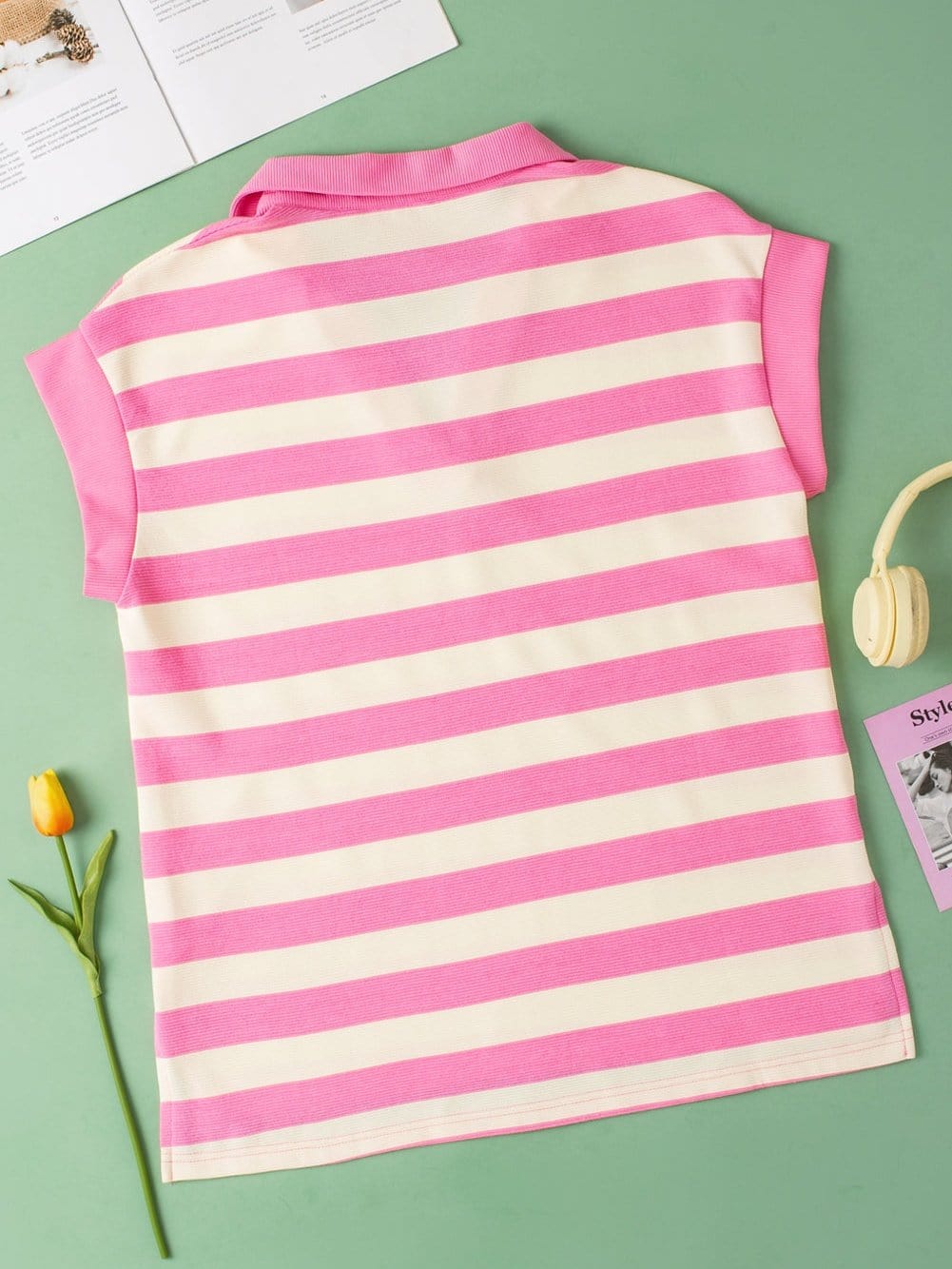 Pink Striped V Neck Collared Cap Sleeve Blouse