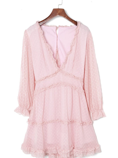 Pink Swiss Dot Layered Ruffle Mini Dress with Open Back