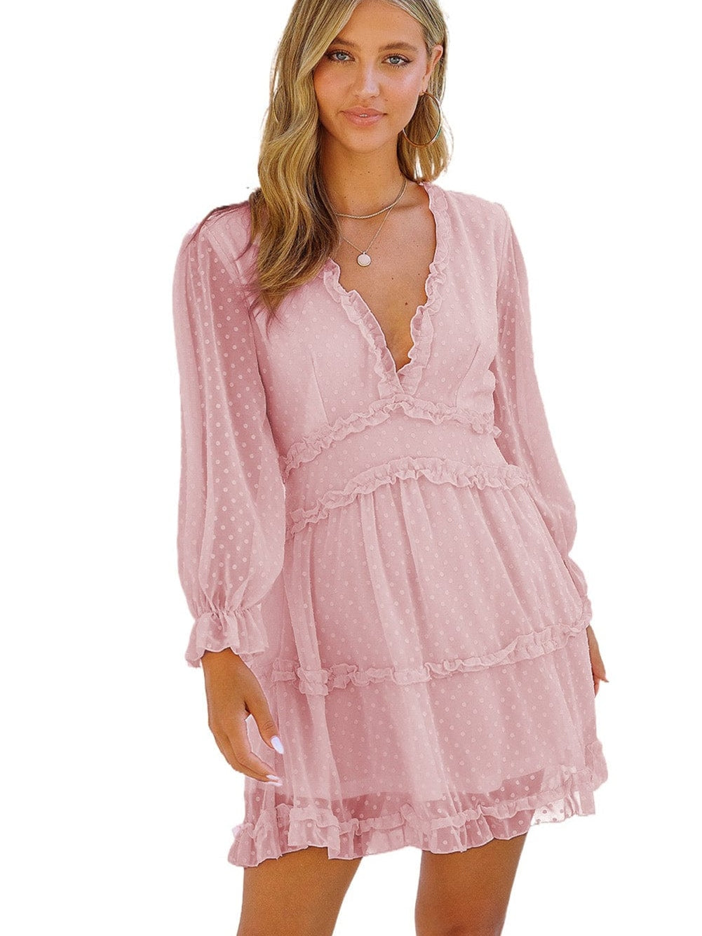 Pink Swiss Dot Layered Ruffle Mini Dress with Open Back