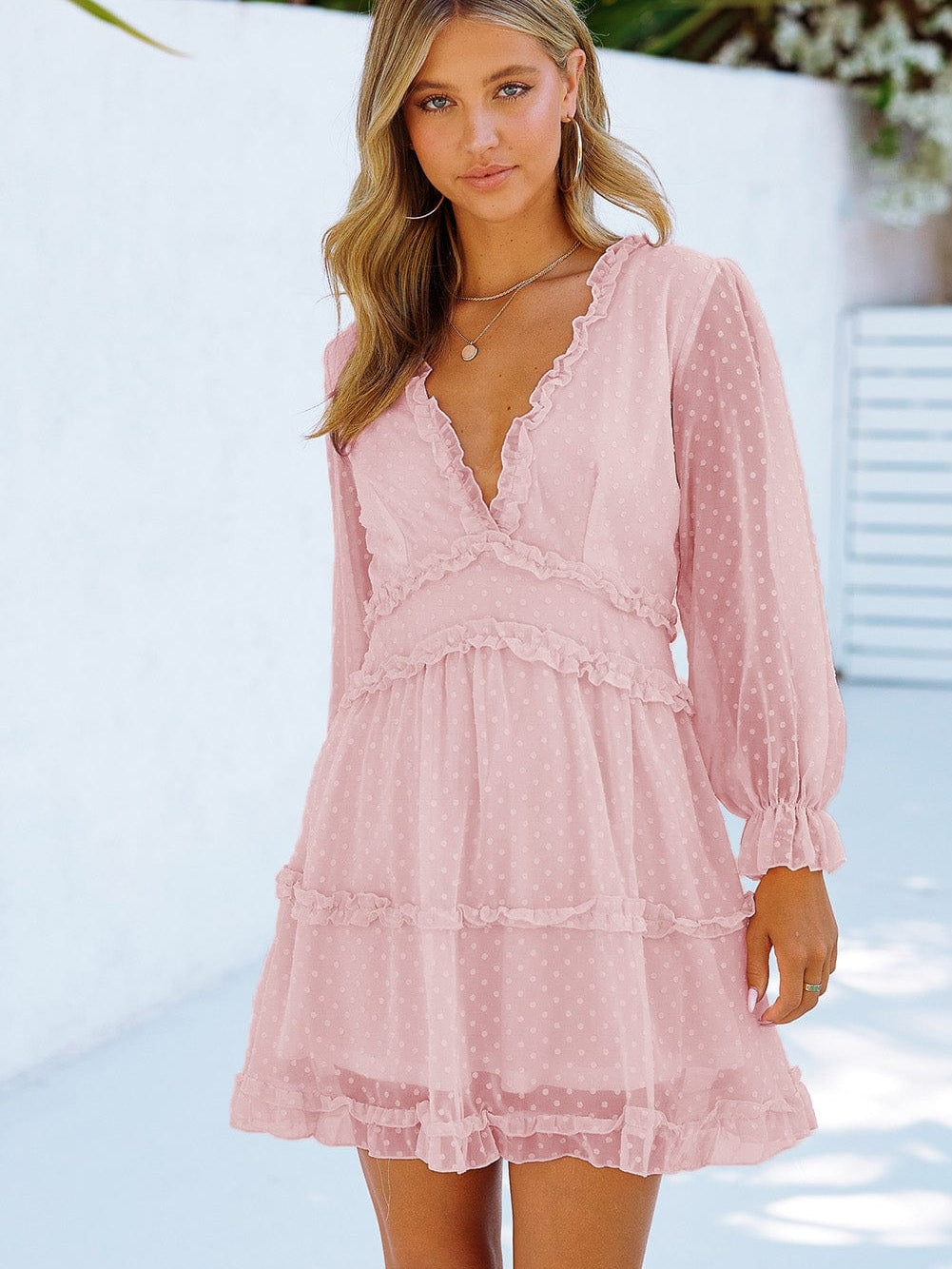 Pink Swiss Dot Layered Ruffle Mini Dress with Open Back