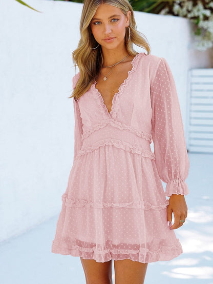 Pink Swiss Dot Layered Ruffle Mini Dress with Open Back