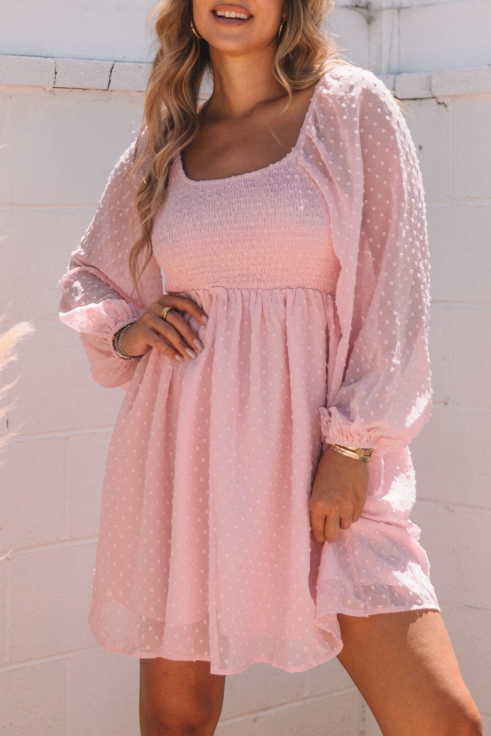 Pink Swiss Dot Smocked Puff Sleeve A-Line Mini Dress