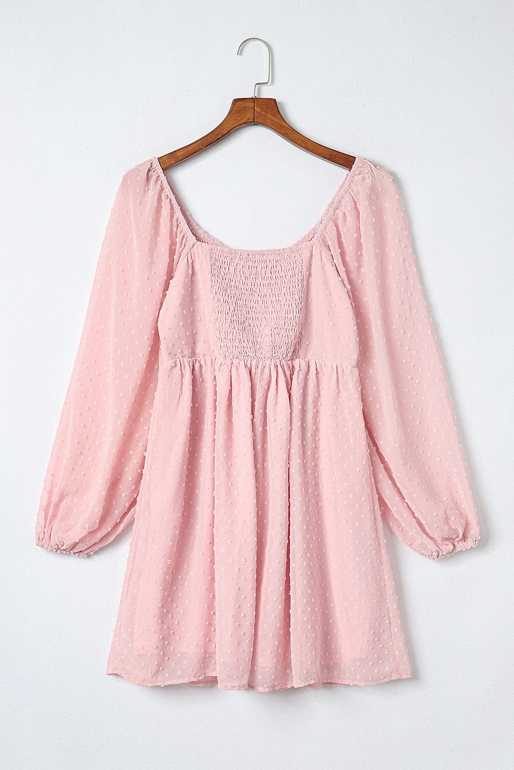 Pink Swiss Dot Smocked Puff Sleeve A-Line Mini Dress