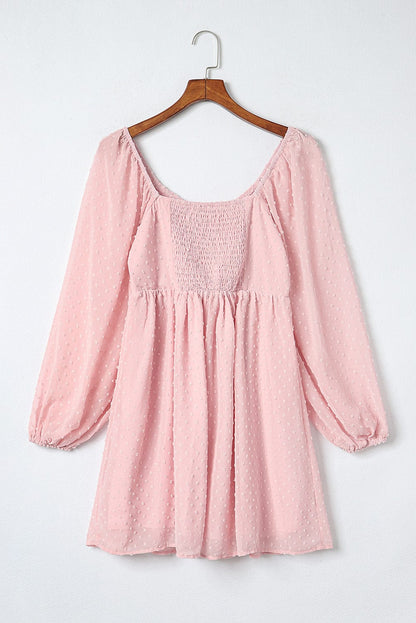 Pink Swiss Dot Smocked Puff Sleeve A-Line Mini Dress