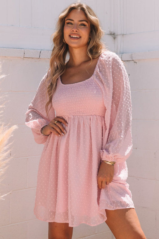 Pink Swiss Dot Smocked Puff Sleeve A-Line Mini Dress
