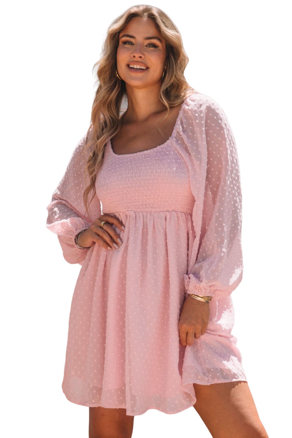 Pink Swiss Dot Smocked Puff Sleeve A-Line Mini Dress