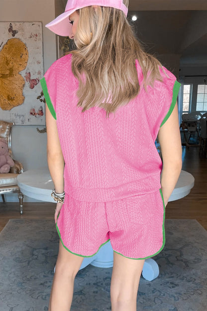 Pink Textured Cable Shorts Set with Contrast Trim