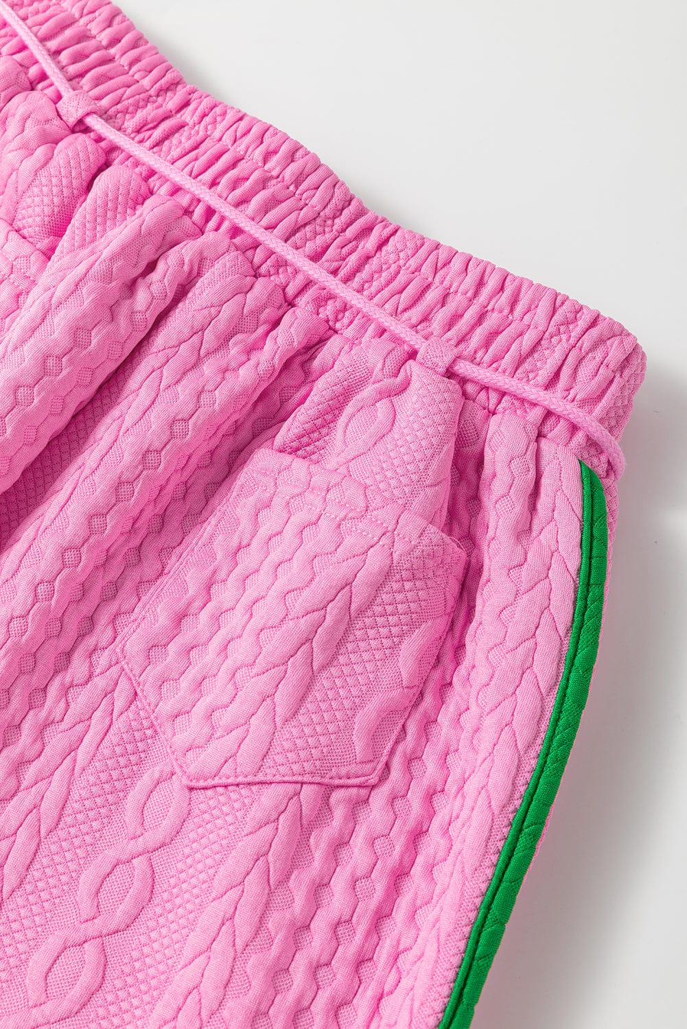 Pink Textured Cable Shorts Set with Contrast Trim