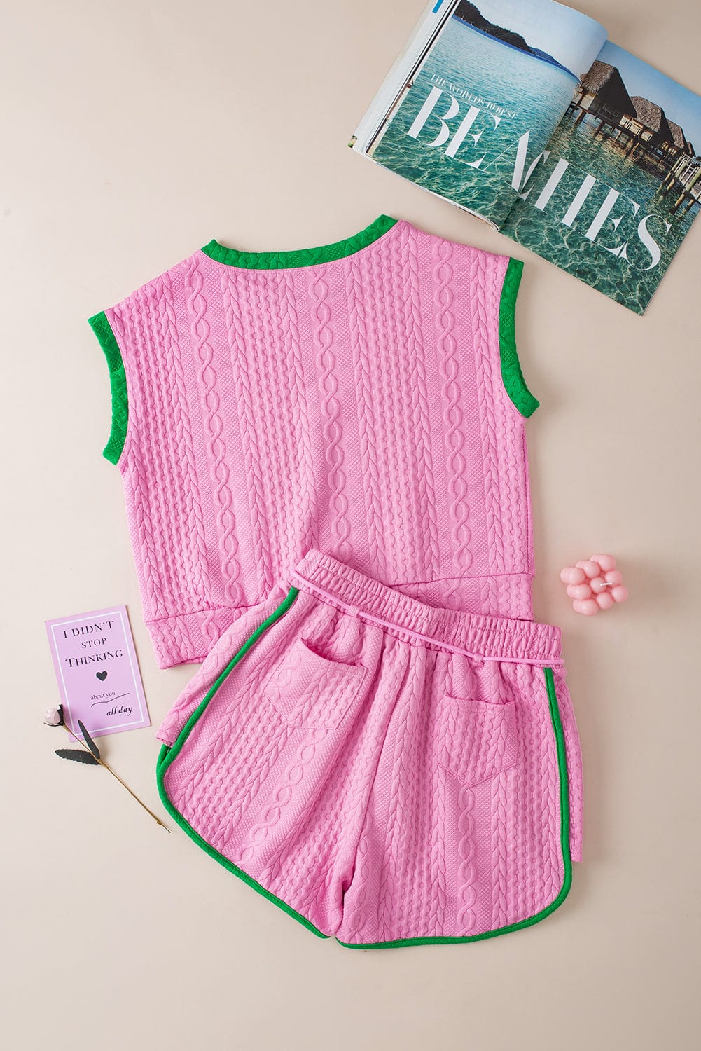 Pink Textured Cable Shorts Set with Contrast Trim