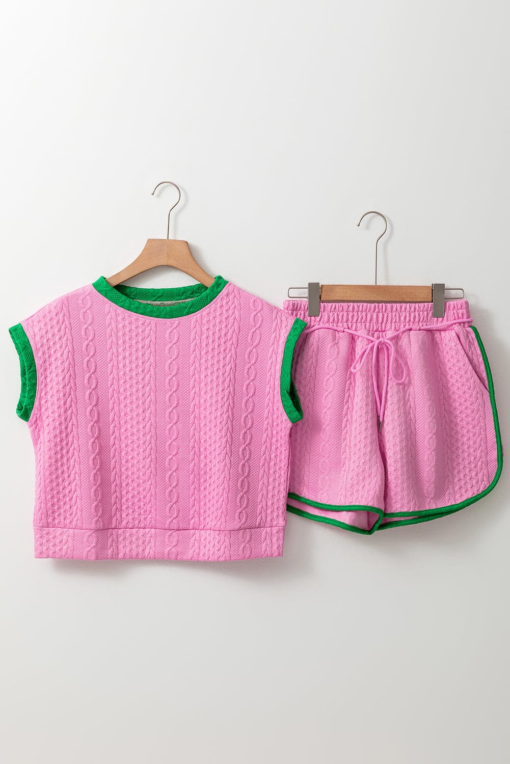 Pink Textured Cable Shorts Set with Contrast Trim