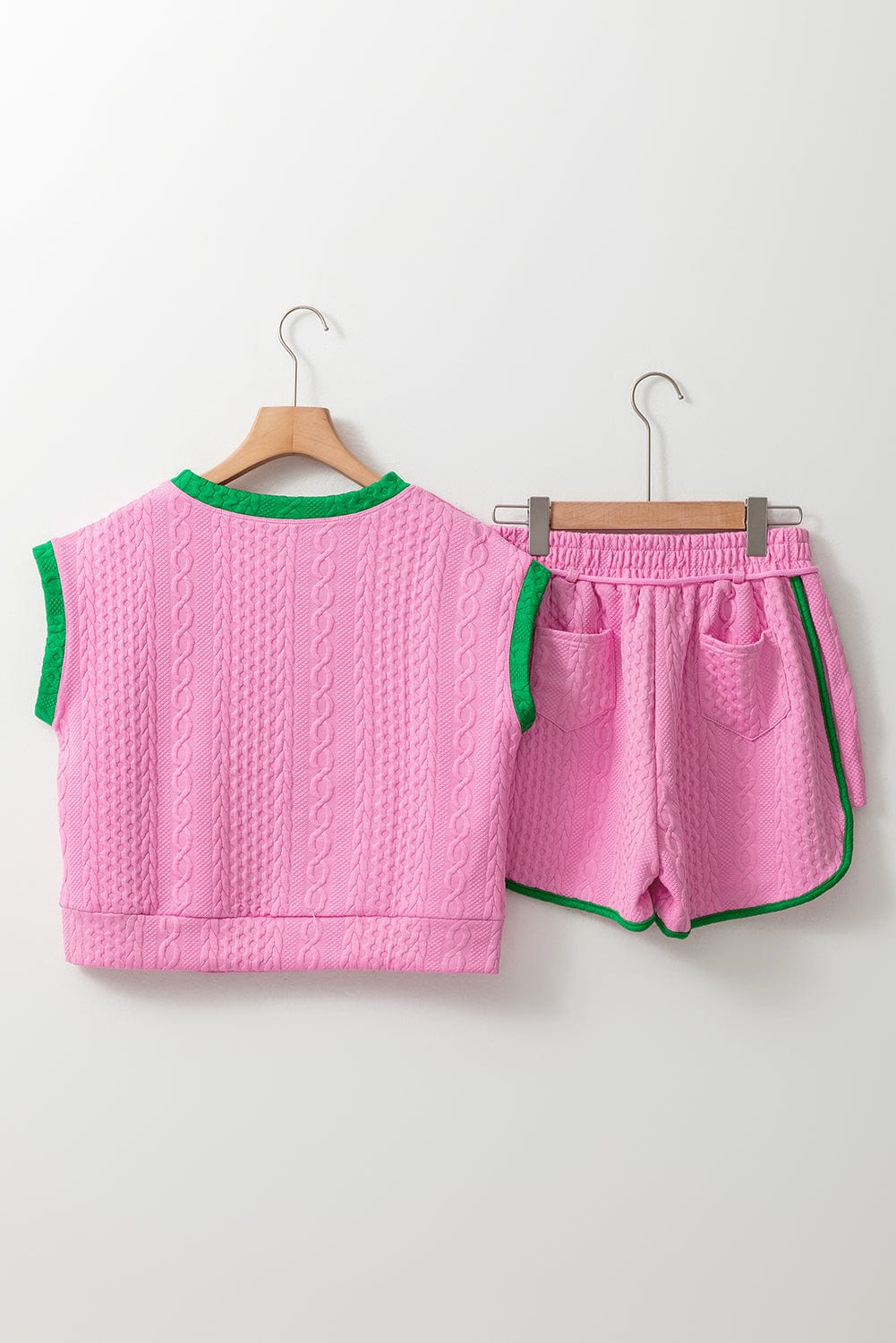 Pink Textured Cable Shorts Set with Contrast Trim