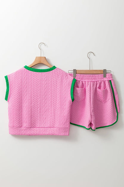 Pink Textured Cable Shorts Set with Contrast Trim