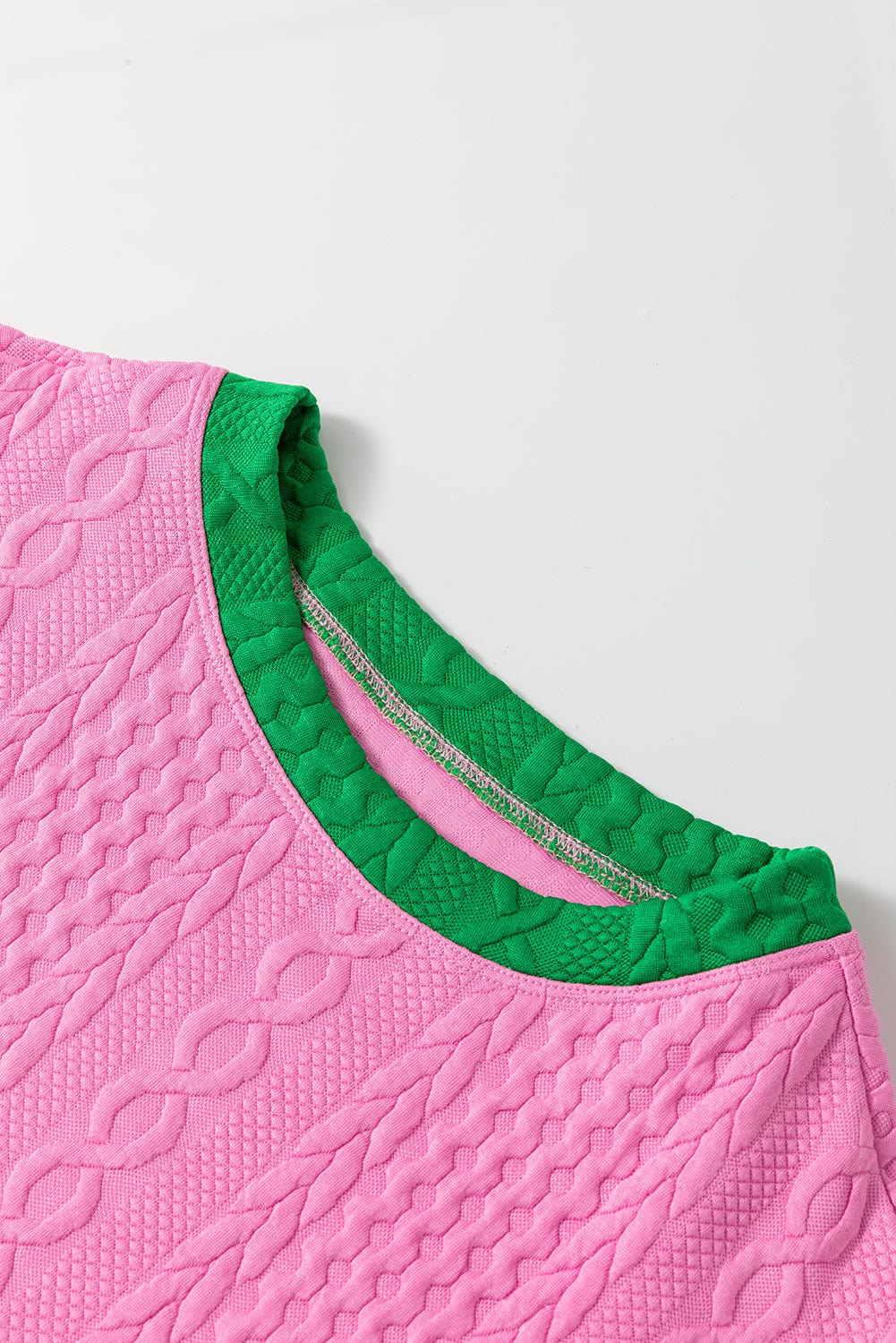 Pink Textured Cable Shorts Set with Contrast Trim