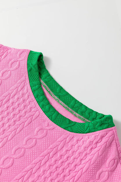 Pink Textured Cable Shorts Set with Contrast Trim