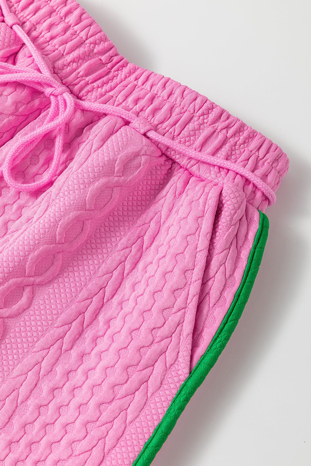 Pink Textured Cable Shorts Set with Contrast Trim
