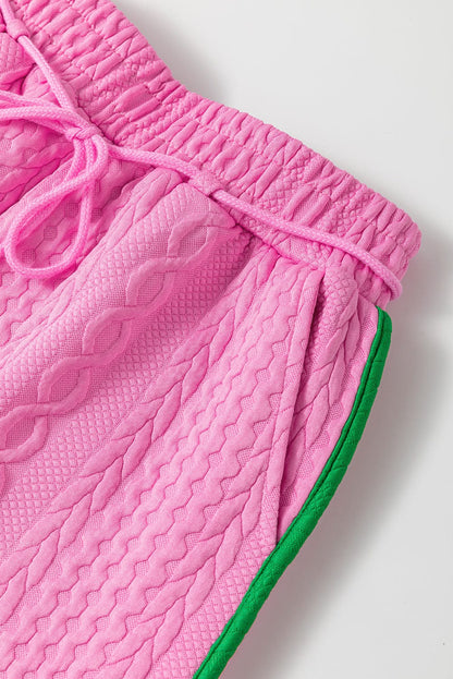 Pink Textured Cable Shorts Set with Contrast Trim