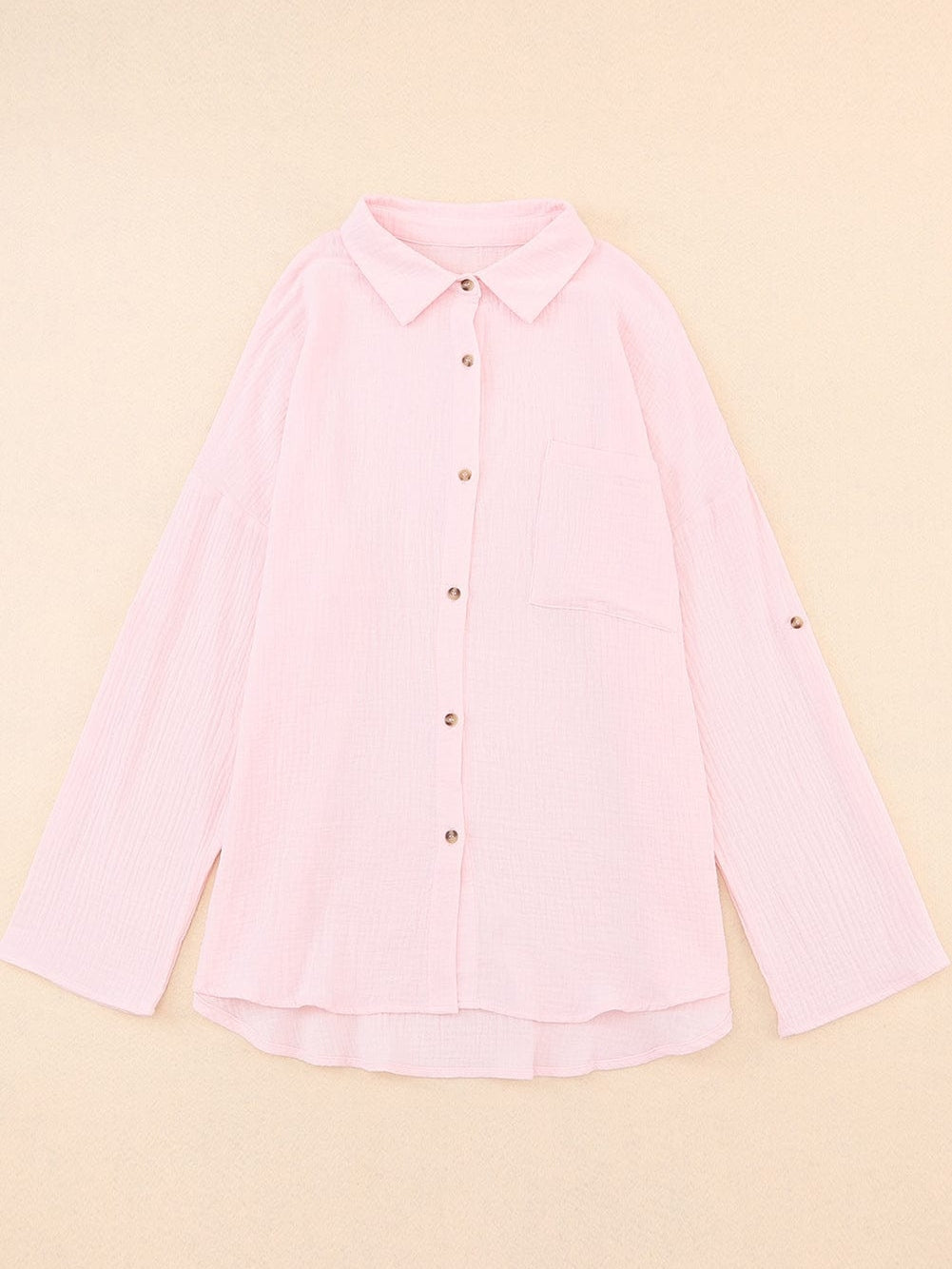 Pink Textured Roll-tab Sleeve Cotton Shirt