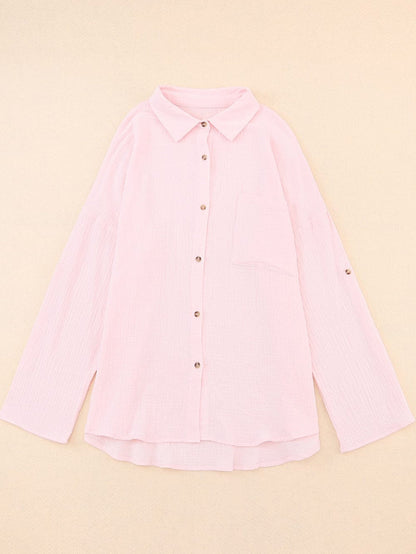 Pink Textured Roll-tab Sleeve Cotton Shirt