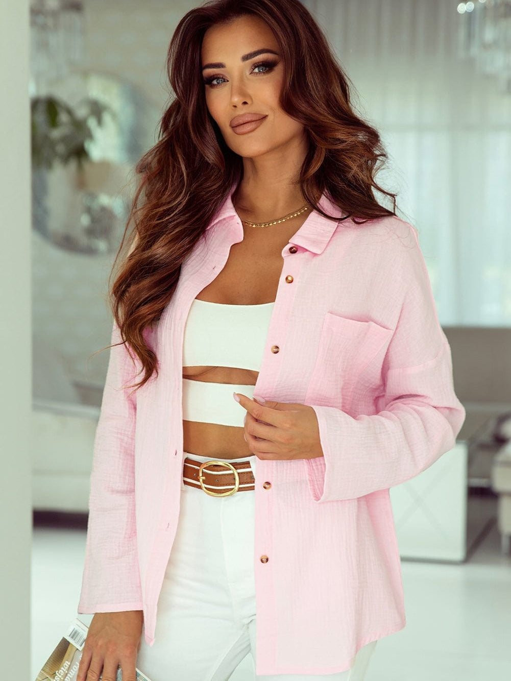 Pink Textured Roll-tab Sleeve Cotton Shirt